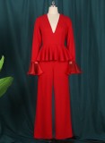 Spring Women Elegant Red V Neck Stitching Mesh Flare Sleeve Pleated Top and High Waist Wide-Leg Pants Set Wholesale Two Piece Outfits