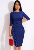Summer Women Elegant Blue Round Neck Half Sleeve Ruffled Bodycon Midi Dress