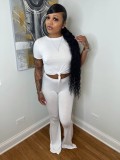 Summer Women Casual White Round Neck Long Sleeve Crop Basic T-Shirt and Match Flare Pants Cheap Wholesale Two Piece Sets