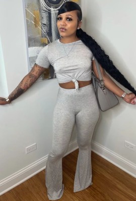 Summer Women Casual Gray Round Neck Long Sleeve Crop Basic T-Shirt and Match Flare Pants Cheap Wholesale Two Piece Sets