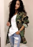 Spring Women Green Camous Turndown Collar Button Up Long Sleeve Loose Casual Coat
