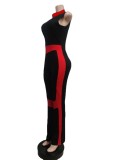 Spring Women Red Color Blocking Round Neck Sleeveless Zipper Up Fitness Jumpsuit