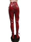 Spring Women Sexy Red High Waist Lace-up Slim Fit Faux PU Leather Pants