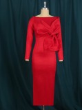 Spring Women Elegant Red Big Bow Off Shoulder Long Sleeve Chic Slit Party Dress