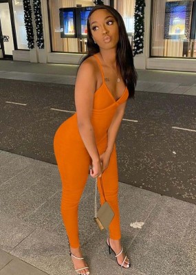 Spring Women Sexy Orange V-neck Straps Backless Slim Fit Jumpsuit
