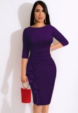 Summer Women Elegant Purple Round Neck Half Sleeve Ruffled Bodycon Midi Dress