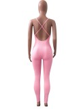 Spring Women Sexy Pink V-neck Straps Backless Slim Fit Jumpsuit