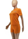 Summer Casual Orange Letter Print Round Collar Long Sleeve Top And Shorts Wholesale Two Piece Short Set