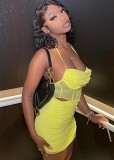 Summer Sexy Yellow Mesh Halter Top And Mini Dress Cheap Wholesale Two Piece Sets