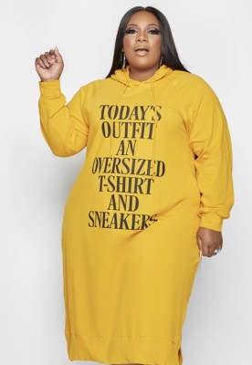 Spring Plus Size Casual Yellow Letter Pring Long Sleeve With Hood Midi Dress