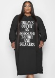 Spring Plus Size Casual Black Letter Pring Long Sleeve With Hood Midi Dress