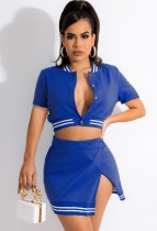 Summer Fashion Blue Sport Baseball Short Sleeve Crop Top And Slit Skirt Wholesale Womens 2 Piece Sets