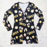 Spring Fashion New Year 2022 Print Long Sleeve V Neck Rompers