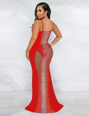 Summer Sexy Red Sequins Deep V Neck See Through Straps Sleeveless Long Dress