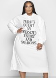 Spring Plus Size Casual White Letter Pring Long Sleeve With Hood Midi Dress