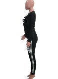 Winter Casual Black Letter Print Round Collar Long Sleeve Top And Pant Wholesale Two Piece Clothing