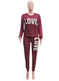 Winter Casual Red Letter Print Round Collar Long Sleeve Top And Pant Wholesale Two Piece Clothing