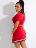 Summer Fashion Red Sport Baseball Short Sleeve Crop Top And Slit Skirt Wholesale Womens 2 Piece Sets