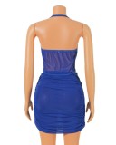 Summer Sexy Blue Mesh Halter Top And Mini Dress Cheap Wholesale Two Piece Sets