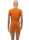 Summer Casual Orange Letter Print Round Collar Long Sleeve Top And Shorts Wholesale Two Piece Short Set