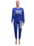 Winter Casual Blue Letter Print Round Collar Long Sleeve Top And Pant Wholesale Two Piece Clothing