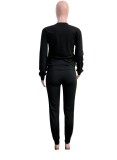 Winter Casual Black Letter Print Round Collar Long Sleeve Top And Pant Wholesale Two Piece Clothing