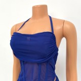 Summer Sexy Blue Mesh Halter Top And Mini Dress Cheap Wholesale Two Piece Sets