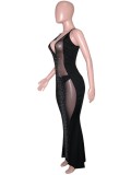 Summer Sexy Black Sequins Deep V Neck See Through Straps Sleeveless Long Dress