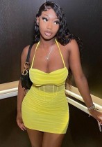 Summer Sexy Yellow Mesh Halter Top And Mini Dress Cheap Wholesale Two Piece Sets