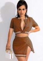 Summer Fashion Brown Sport Baseball Short Sleeve Crop Top And Slit Skirt Wholesale Womens 2 Piece Sets