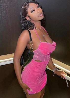 Summer Sexy Pink Mesh Halter Top And Mini Dress Cheap Wholesale Two Piece Sets