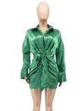 Spring Elegant Green Turndown Collor Long Sleeve With Belt Mini Dress