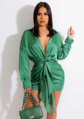 Spring Elegant Green Turndown Collor Long Sleeve With Belt Mini Dress