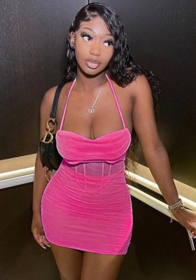 Summer Sexy Pink Mesh Halter Top And Mini Dress Cheap Wholesale Two Piece Sets