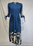 Women Spring Royal Blue O-Neck Print Slit Midi Party Dress
