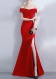 Women Summer Red Formal Off Shoulder High Slit Mermaid Evening Dress