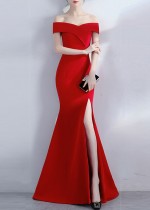 Women Summer Red Formal Off Shoulder High Slit Mermaid Evening Dress