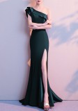 Women Summer Green Formal One Shoulder Shoulder High Slit Mermaid Evening Dress