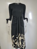 Women Spring Black O-Neck Print Slit Midi Party Dress