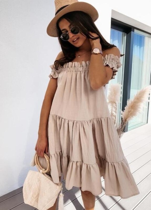 Women Summer Khaki Off Shoulder Ruffles Islander Casual Dress