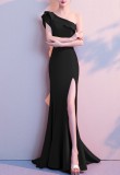 Women Summer Black Formal One Shoulder Shoulder High Slit Mermaid Evening Dress