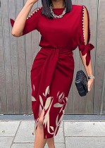 Women Spring Red O-Neck Print Slit Midi Party Dress