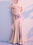 Women Summer Beige Formal One Shoulder Shoulder High Slit Mermaid Evening Dress