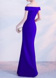 Women Summer Blue Formal Off Shoulder High Slit Mermaid Evening Dress
