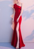 Women Summer Red Formal One Shoulder Shoulder High Slit Mermaid Evening Dress