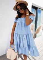Women Summer Blue Off Shoulder Ruffles Islander Casual Dress