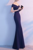 Women Summer Royal Blue Formal Off Shoulder High Slit Mermaid Evening Dress