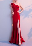 Women Summer Red Formal One Shoulder Shoulder High Slit Mermaid Evening Dress
