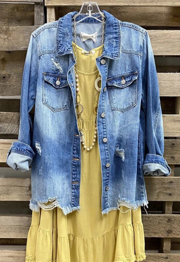 Women Spring Blue Ripped Long Sleeves Denim Shirt