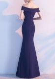 Women Summer Royal Blue Formal Off Shoulder High Slit Mermaid Evening Dress